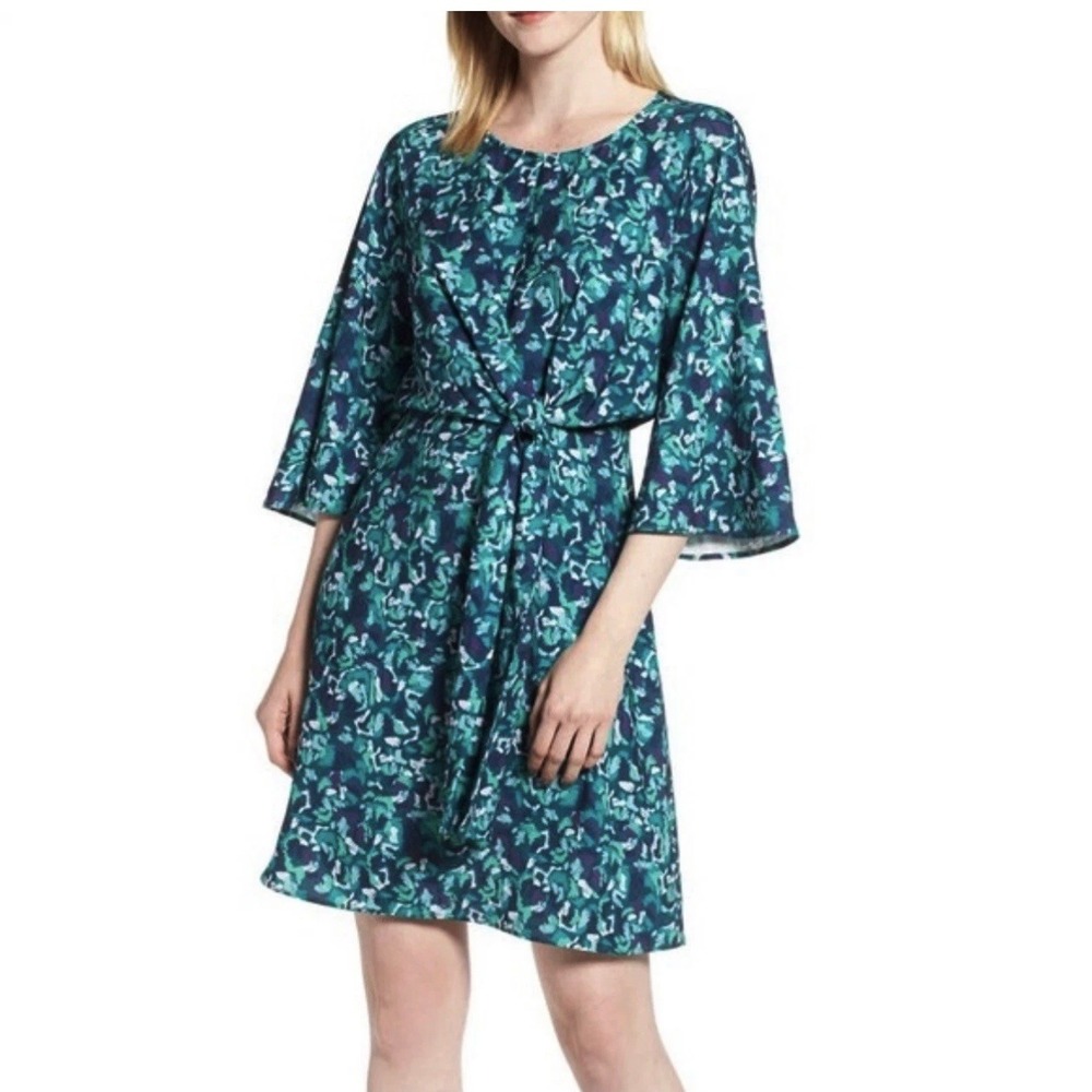 Halogen Womens XXL Green Floral Tie Front Bell Sleeve Shift Dress modern‎ boho